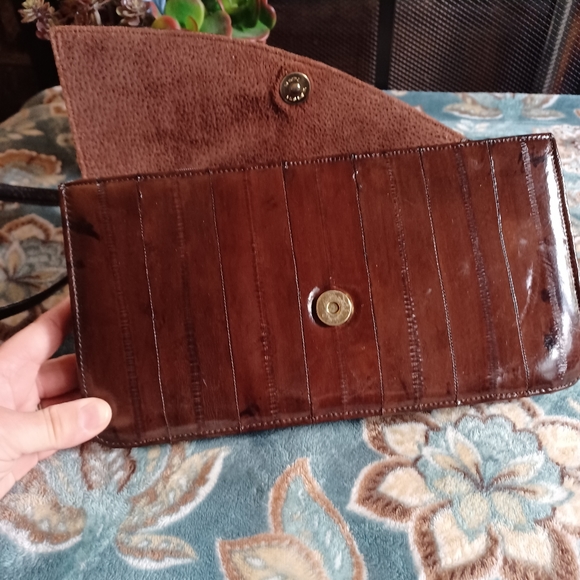 Vintage Genuine EEL Skin Leather Redish/Brown Clutch Purse W/Removable Strap 10" - Picture 9 of 16